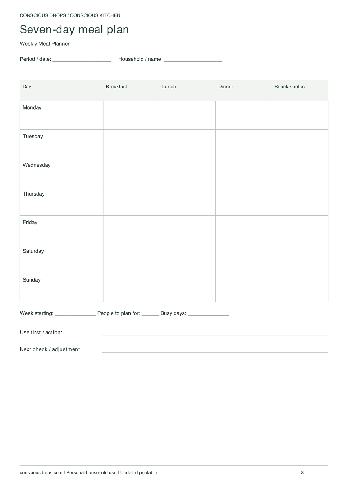 Weekly Meal Planner — Minimal Ledger — inside preview