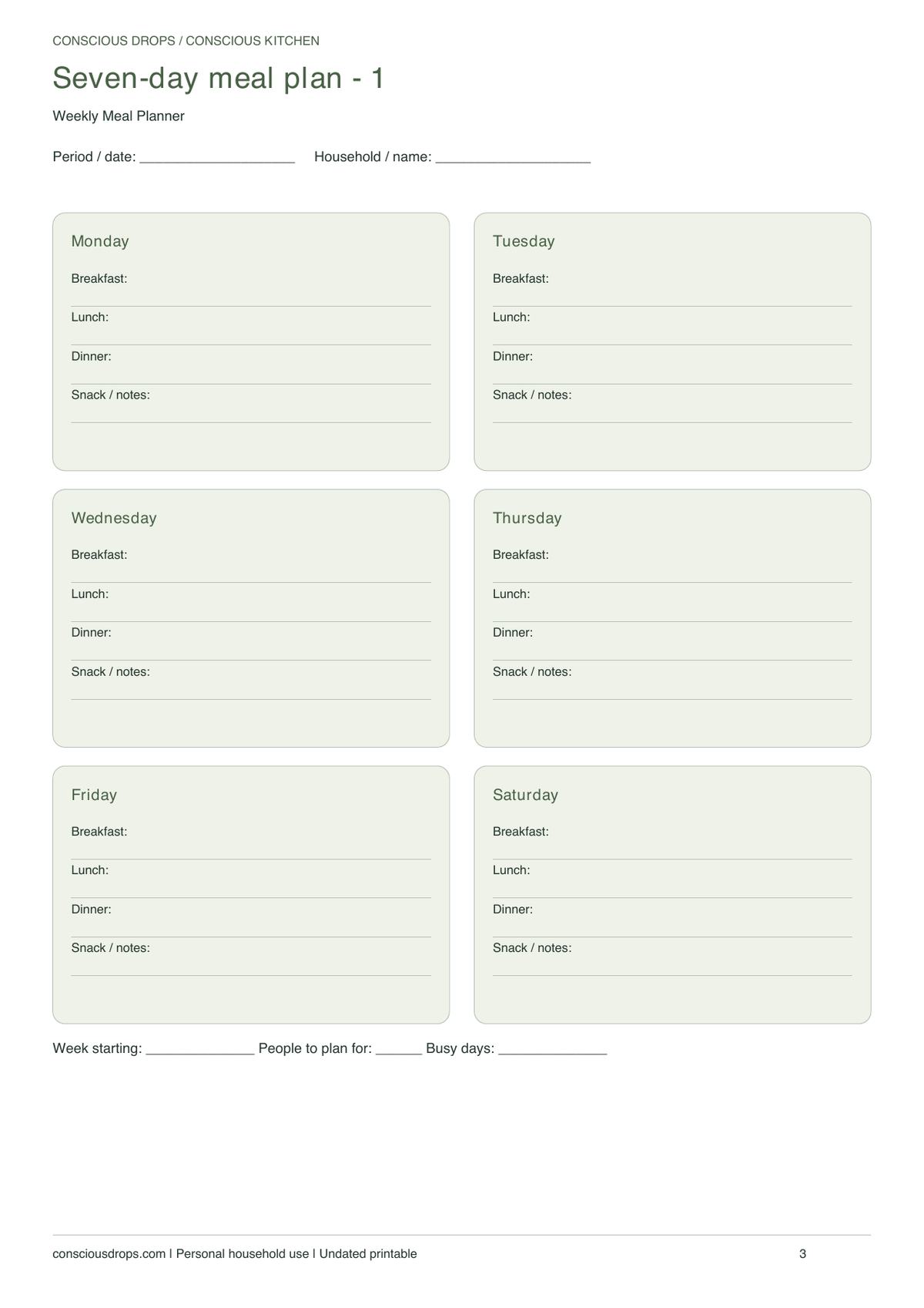Weekly Meal Planner — Botanical Cards — inside preview