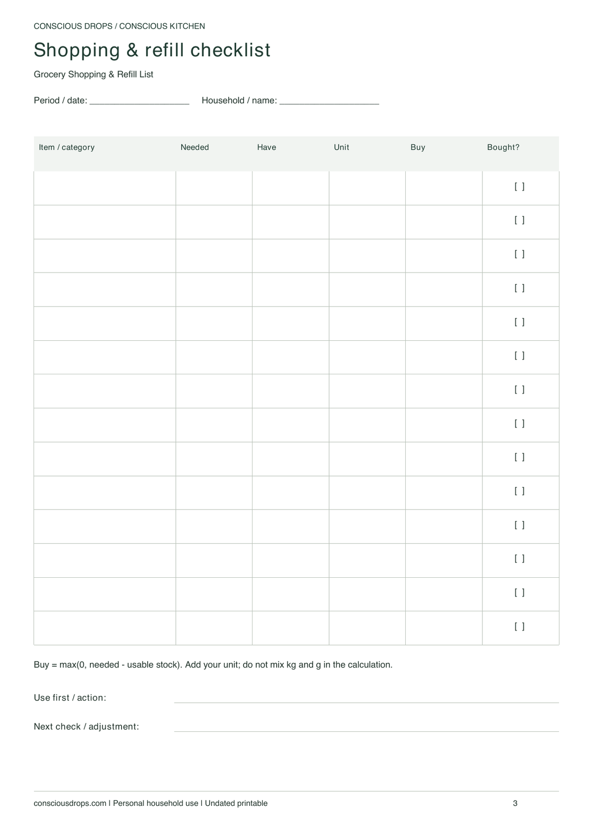 Grocery Shopping & Refill List — Minimal Ledger — inside preview