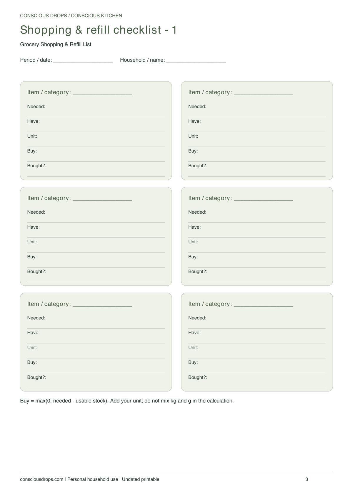 Grocery Shopping & Refill List — Botanical Cards — inside preview