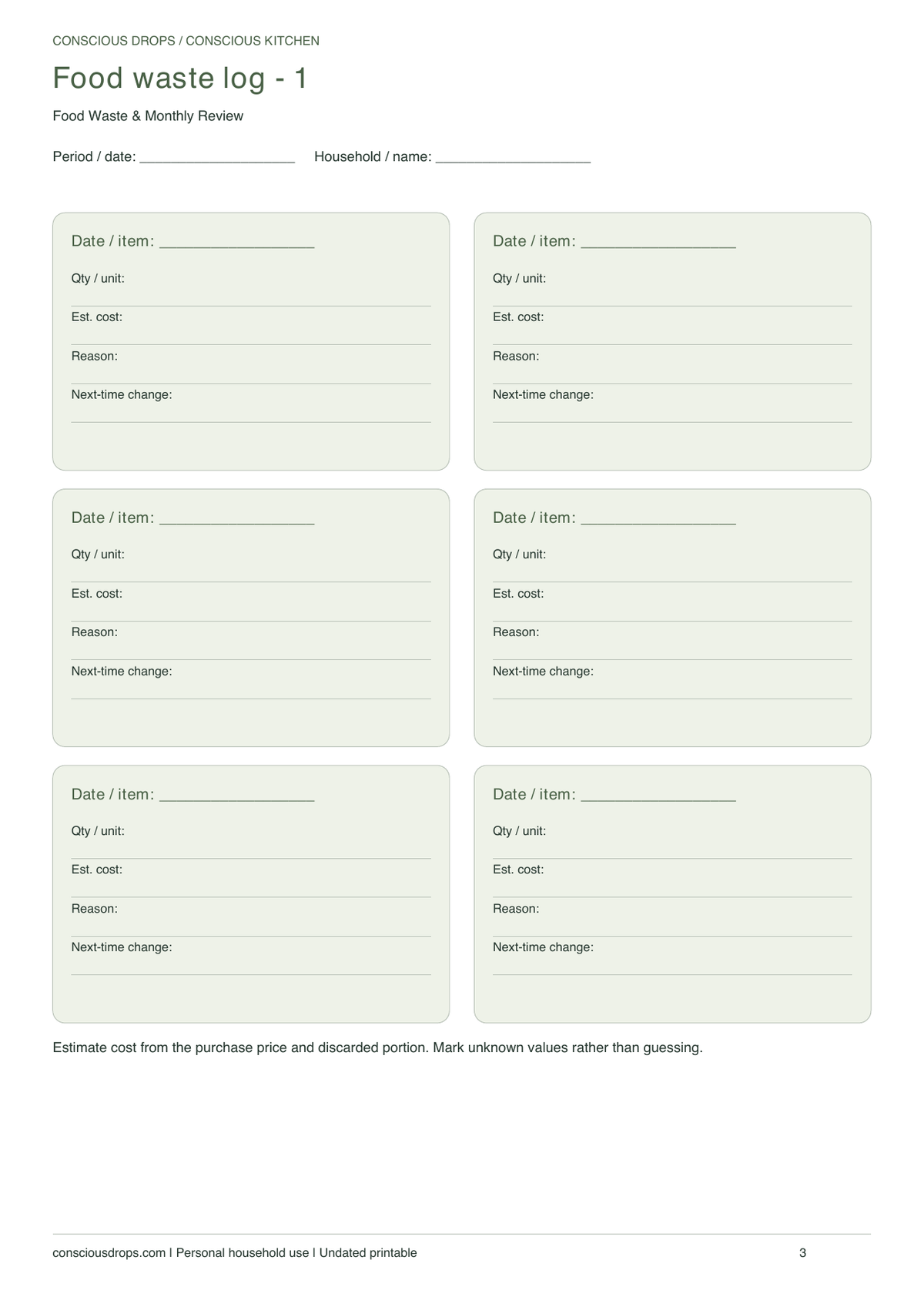 Food Waste & Monthly Review — Botanical Cards — inside preview