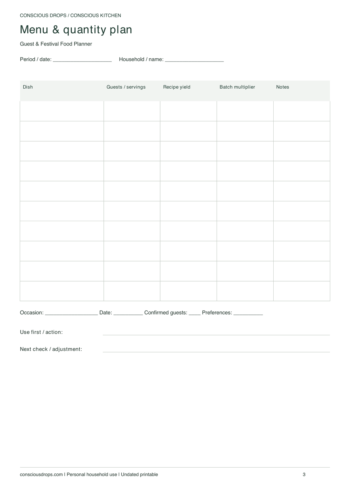 Guest & Festival Food Planner — Minimal Ledger — inside preview