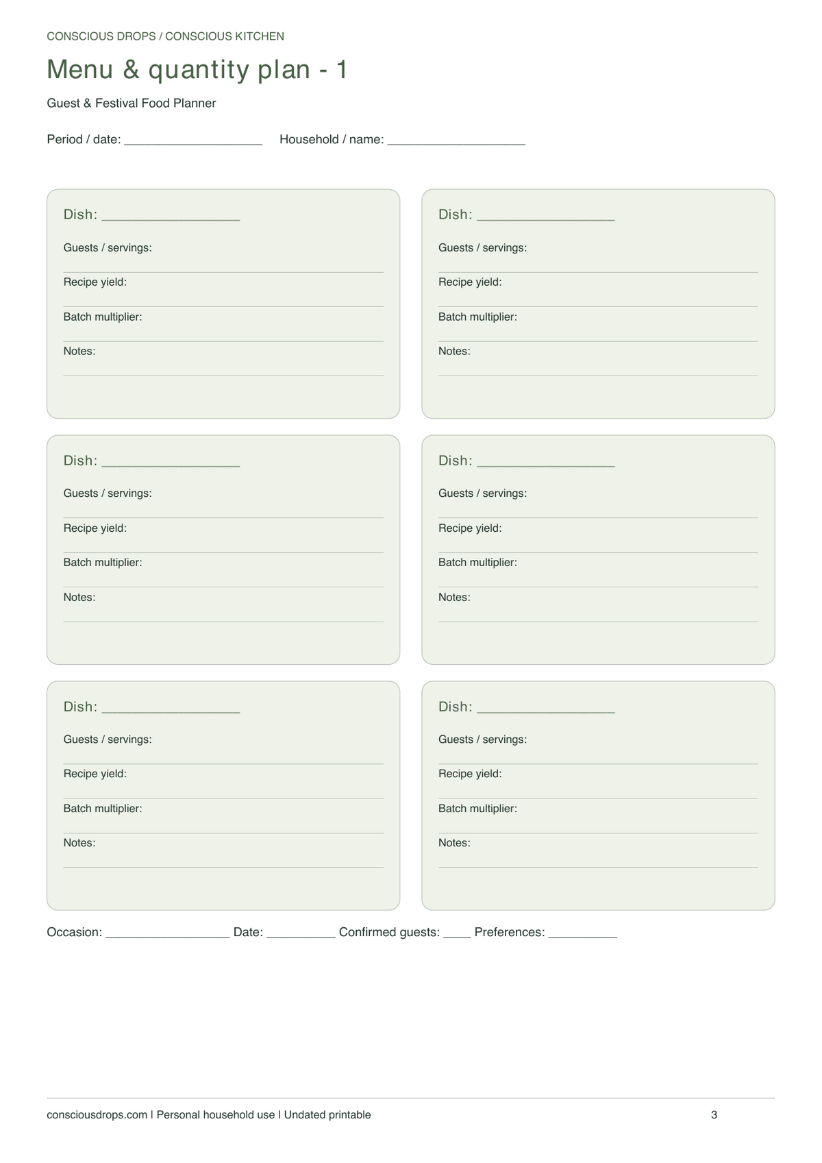 Guest & Festival Food Planner — Botanical Cards — inside preview