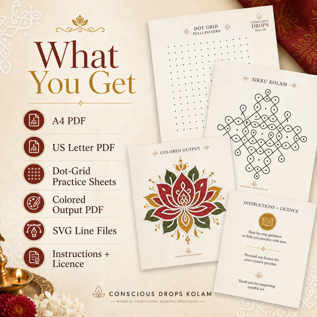 Kolam Printable Designs Pack — 10 Original Practice & Decor Sheets
