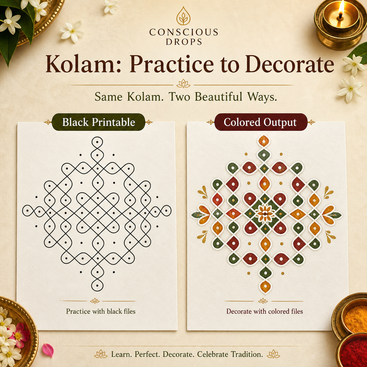 Kolam Printable Designs Pack — 10 Original Practice & Decor Sheets