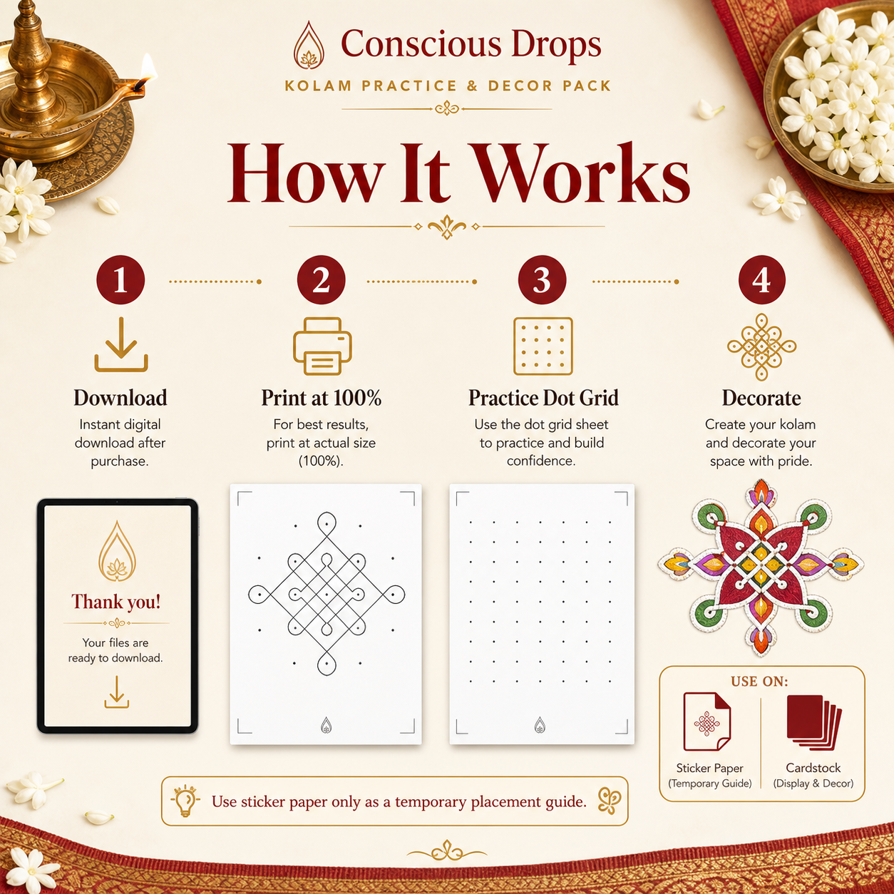 Kolam Printable Designs Pack — 10 Original Practice & Decor Sheets