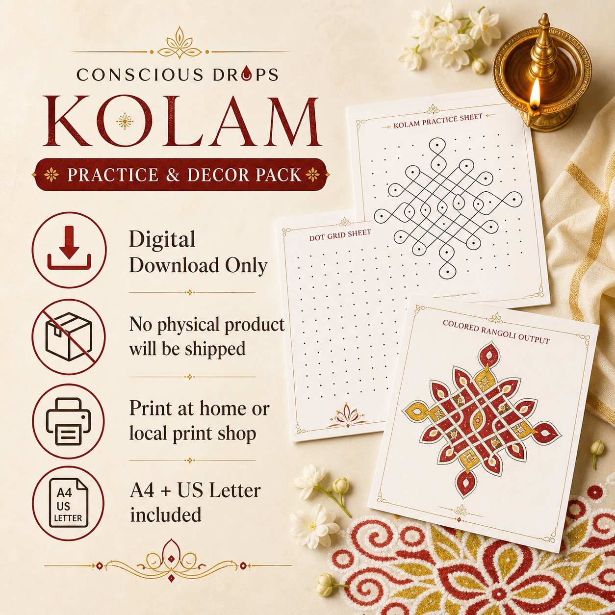 Kolam Printable Designs Pack — 10 Original Practice & Decor Sheets