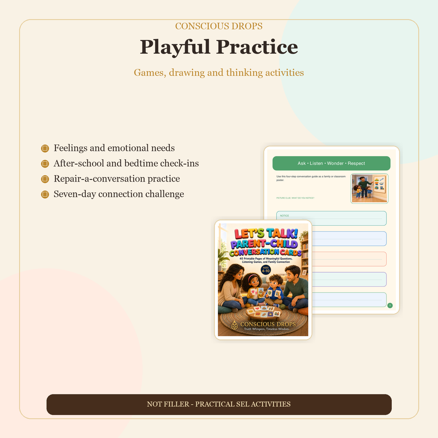 Let’s Talk! Parent-Child Conversation Cards — 40-Page SEL Activity Book for Ages 4–10