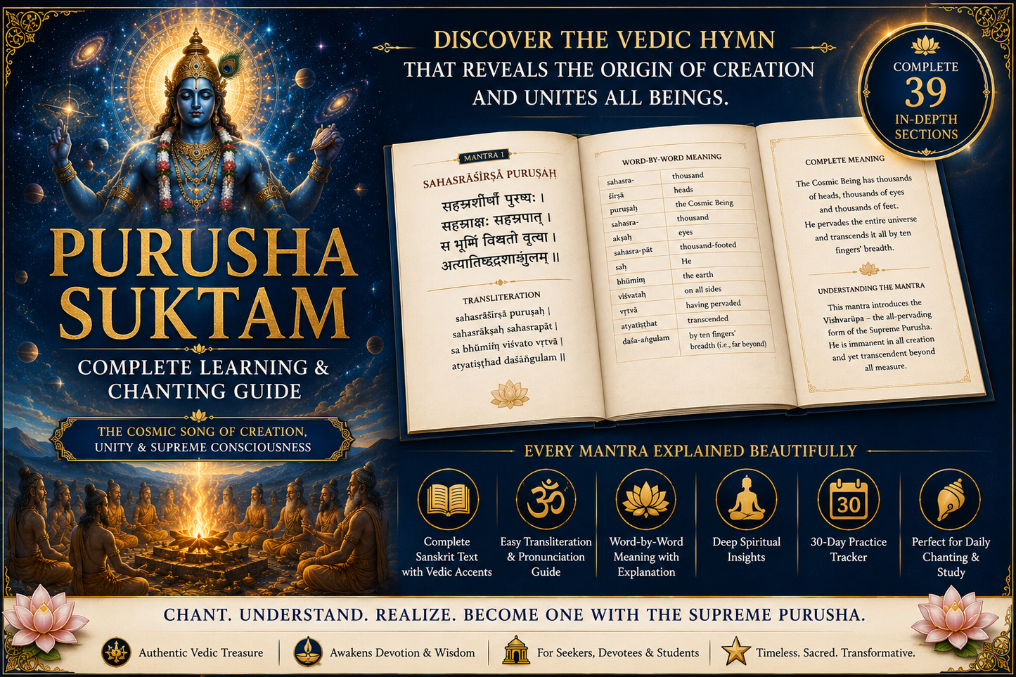 Purusha Suktam – Complete Learning & Chanting Guide | Sanskrit, Transliteration, Pronunciation & Meaning