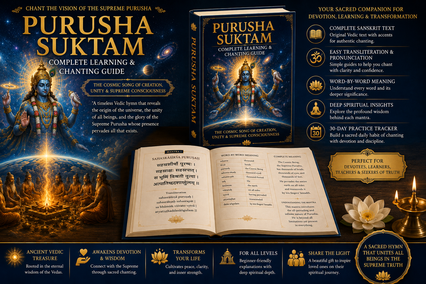 Purusha Suktam – Complete Learning & Chanting Guide | Sanskrit, Transliteration, Pronunciation & Meaning