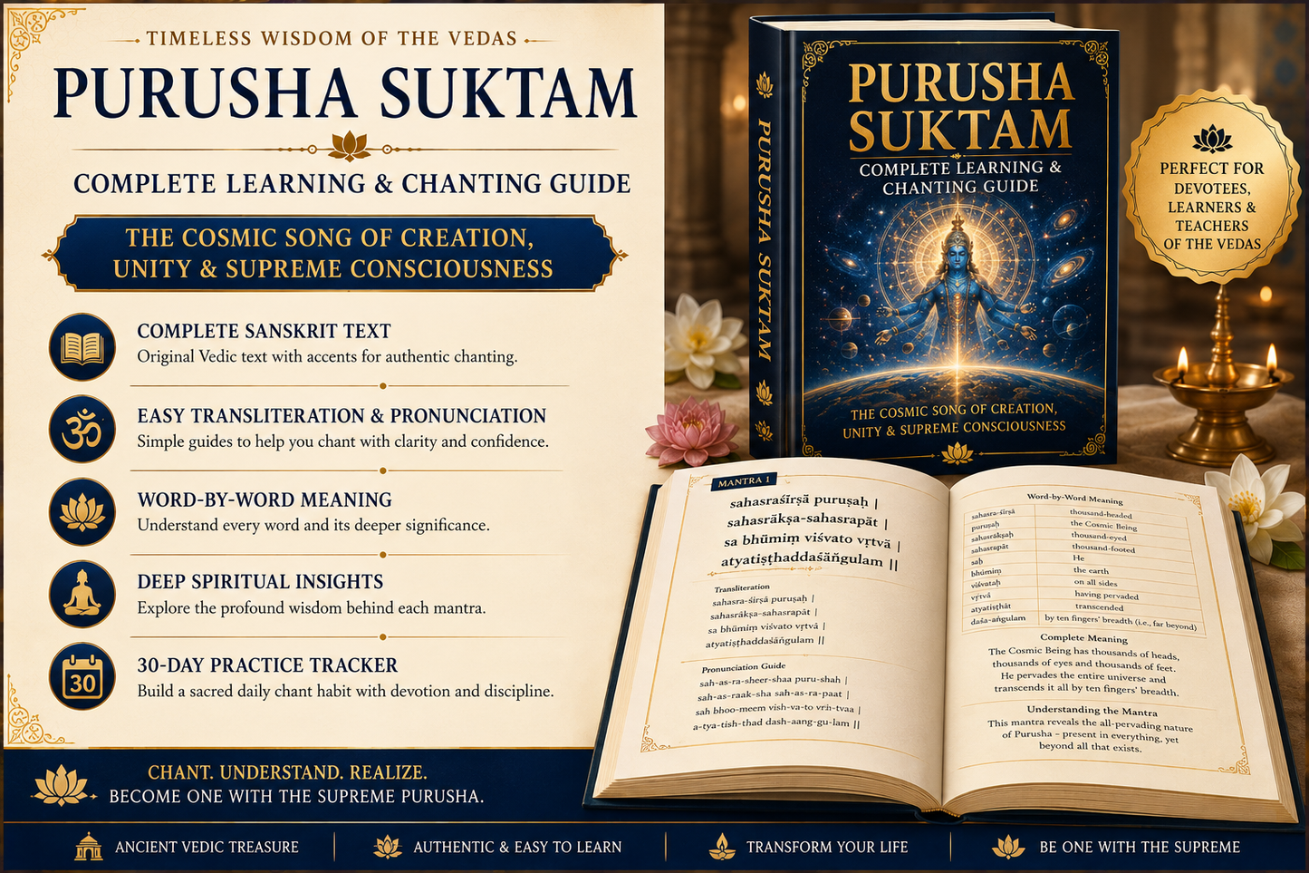 Purusha Suktam – Complete Learning & Chanting Guide | Sanskrit, Transliteration, Pronunciation & Meaning