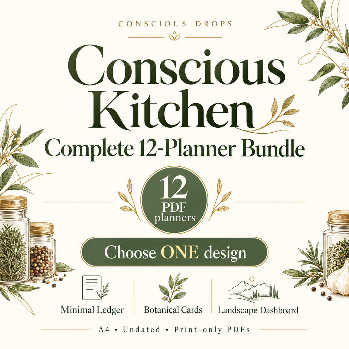 Complete Conscious Kitchen 12-Planner Bundle — choose one design: Minimal Ledger, Botanical Cards or Landscape Dashboard