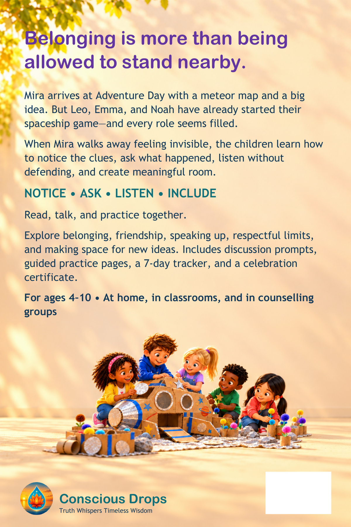 Back cover: Left Out vs. Finding a Way In — Belonging, Friendship, and Speaking Up