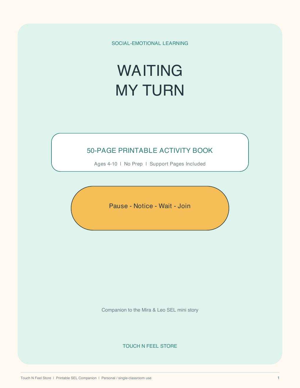Waiting My Turn - 50-Page SEL Activity Book Ages 4-10