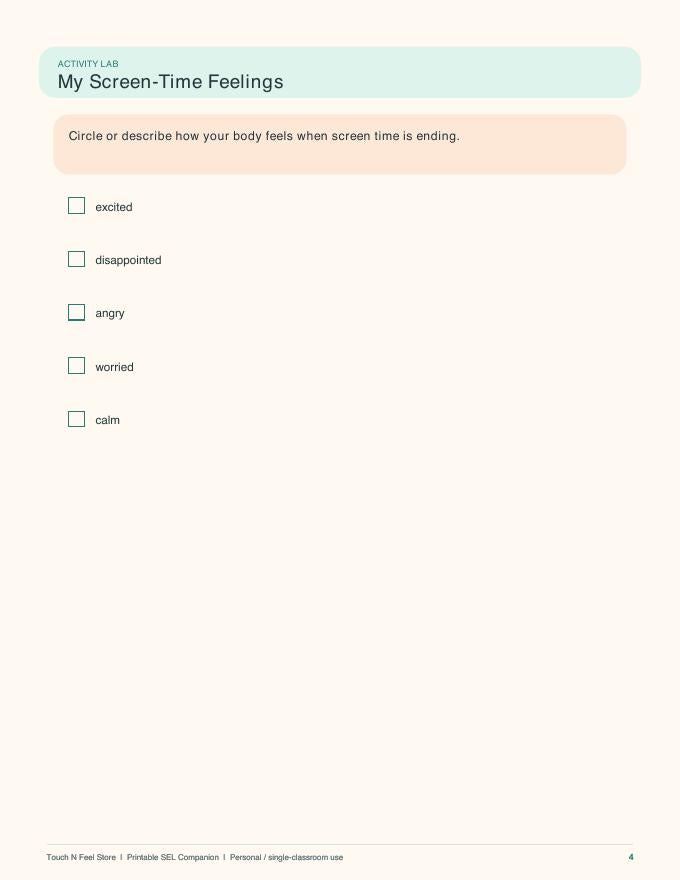 Screen Time Transitions - 50-Page SEL Activity Book Ages 4-10